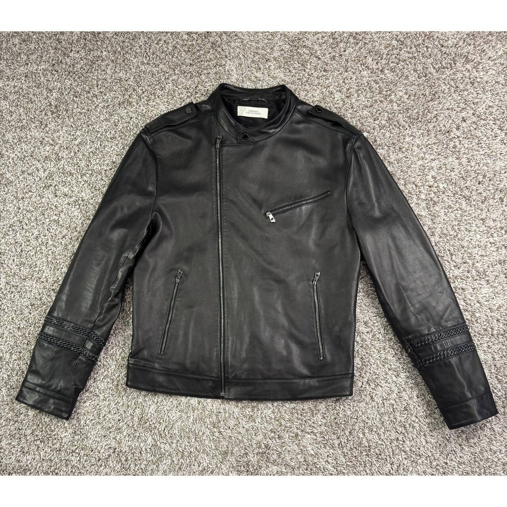 Versace Collection Leather Moto Jacket Braided Accents Men's Size 54